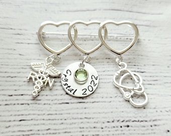 Registered Nurse RN Medical Stethoscope Handstamped Graduation Gift Personalized Birthstone Pin - Nurse Pin - RN Pin - Pinning Ceremony