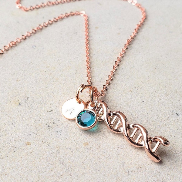 Rose Gold DNA Necklace - DNA Strand Gift Scientist Biology Charm Chemistry teacher Student Gift Personalized Initial and Birthstone Necklace