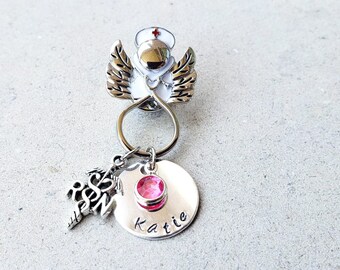 RN Nurse Angel Pin - Heart Stethoscope Pin - Nurse Pin - Nurse Graduation - Pinning Ceremony Gift - Personalized RN Pin with Birthstone