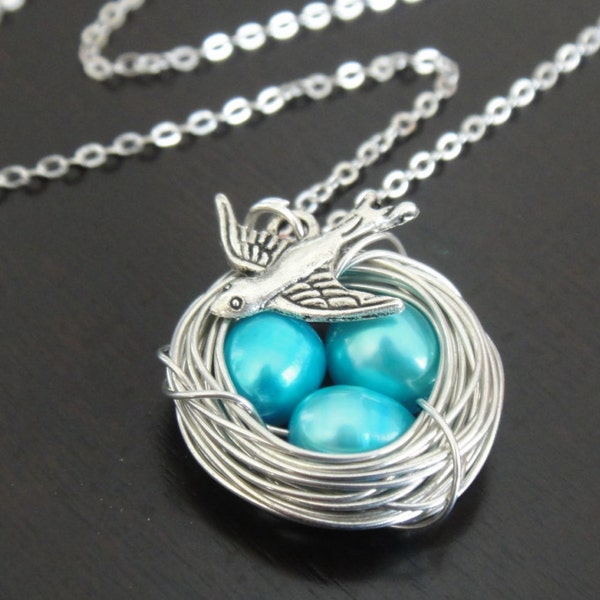 Teal Blue Freshwater Pearl Bird Nest Necklace