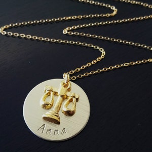 Gold Plated Toned lawyer attorney justice balance scales Handstamped Gift Necklace image 6
