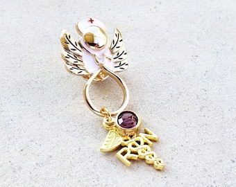 Gold Nurse Angel Pin - LPN RN BSN and more with Birthstone Graduation Pinning Ceremony Gift - Nurse Pin for rn - Angel pin - lvn lpn np gift