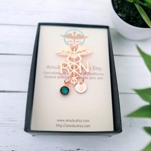 Personalized RN Pin – Custom Initial & Birthstone | RN Graduation Gift | Pinning Ceremony Brooch | Rose Gold Nurse Pin
