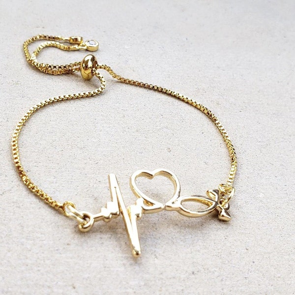 Gold Nurse Heartbeat Stethoscope Bracelet EKG, ECG Necklace RN Nurse Graduation Gift, lpn, bsn, lvn, np - Adjustable nurse bracelet