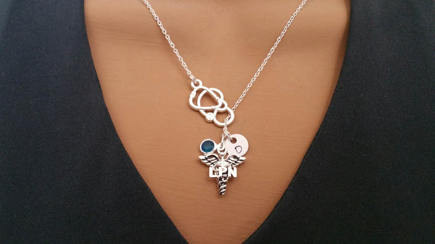 LPN Licensed Practical Necklace Gift Handstamped Personalized Crystal Birthstone Initial Lariat Style NecklaceRN gift