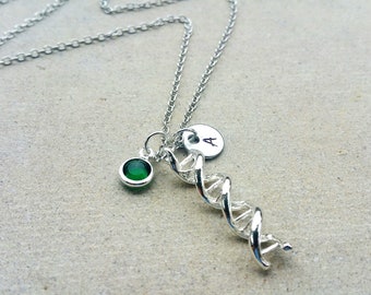 DNA Strand Gift Scientist Biology Charm Chemistry teacher Student Gift Personalized Initial and Birthstone Necklace