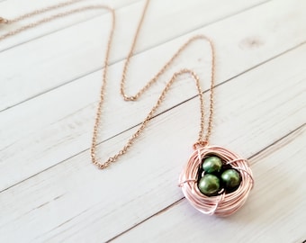 Freshwater Pearl Necklace - Bird Nest Olive Green Pearl Beads - Rose Gold Bridesmaid Necklace -New Mom Gift- Baby Shower gift - Gift for her