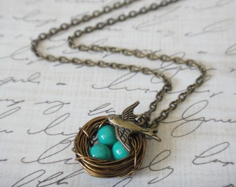 Turquoise Bird Nest Necklace Antique Brass Bronze