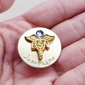 Gold Plated BSN RN LPN Pin Nursing Personalized Pin, Handstamped Nursing Gold Pin Graduation Gift, Nurse Pin, Bachelor Science Nurse Pin image 4