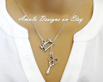 Sewing Machine and Scissors Lariat Necklace