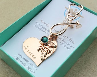 Rose Gold Stethoscope heart Nurse Pin - RN Pin - Nurse Graduation - NP Pinning Ceremony Gift - Personalized RN Pin with Birthstone - rn gift