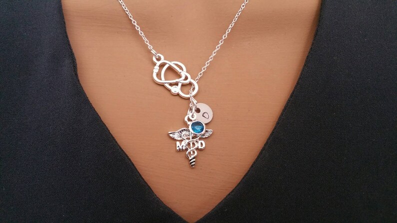 MD Medical Doctor Student Graduation Gift Handstamped Personalized Crystal Birthstone Initial Lariat Style Necklace