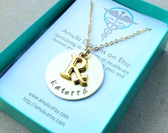 Gold Plated RX Pharmacy Pharmicist Graduation Pinning Ceremony Handstamped Gift Necklace