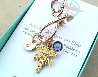 RN Registered Nurse Pin Stethoscope Personalized Initial Letter Graduation Gift Gold Tone Brooch PinRN gift