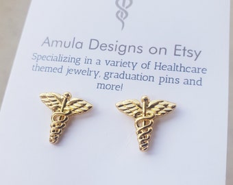 Caduceus Silver stud earrings - Caduceus Rose Gold Earrings - Medical Symbol earrings - nurse earrings - RN earrings - Gold Nurse earrings