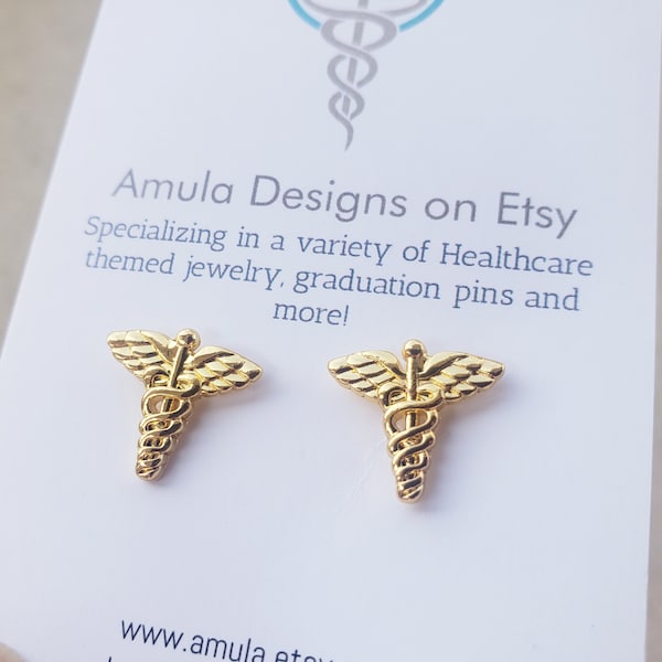 Caduceus Silver stud earrings - Caduceus Rose Gold Earrings - Medical Symbol earrings - nurse earrings - RN earrings - Gold Nurse earrings