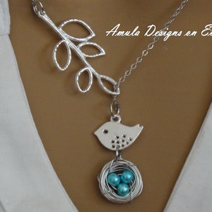Lariat Style Teal Blue Bird Nest Necklace image 2