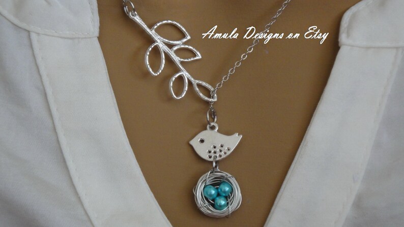 Lariat Style Teal Blue Bird Nest Necklace image 2