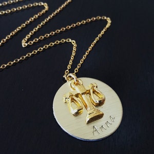Gold Plated Toned lawyer attorney justice balance scales Handstamped Gift Necklace image 7