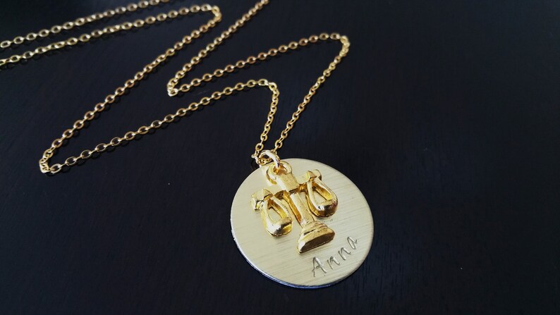 Gold Plated Toned lawyer attorney justice balance scales Handstamped Gift Necklace image 7