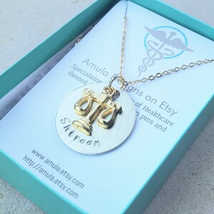 Gold Plated Toned lawyer attorney justice balance scales Handstamped Gift Necklace image 2