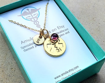 EMT gift - EMT Emergency Medical Technician Caduceus Medicine Birthstone Handstamped Gold Initial Necklace
