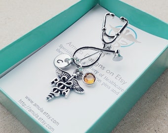 PA Physician Assistant Medical Caduceus Handstamped Personalized Initial Letter Birthstone Graduation Gift Stethoscope Brooch PA Pin