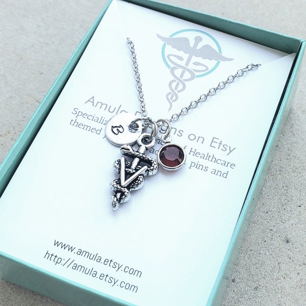 Vet Veterinarian Doctor Handstamped Personalized Crystal Birthstone Initial Necklace