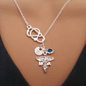 MA Medical Assistant Gift Handstamped Personalized Crystal Birthstone Initial Lariat Style Necklace