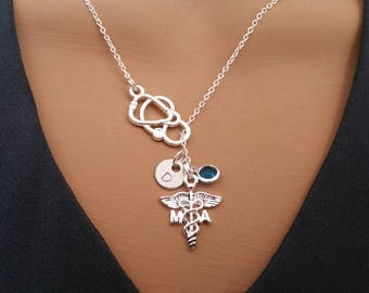 MA Medical Assistant Gift Handstamped Personalized Crystal Birthstone Initial Lariat Style Necklace