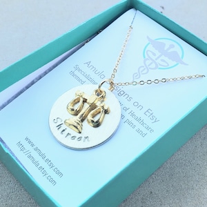 Gold Plated Toned lawyer attorney justice balance scales Handstamped Gift Necklace image 1