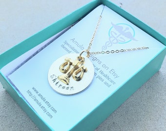 Gold Plated Toned lawyer attorney justice balance scales Handstamped Gift Necklace