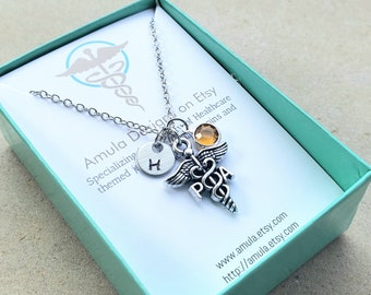 PA Physician Assistant Doctor Handstamped Personalized Crystal Birthstone Initial Necklace
