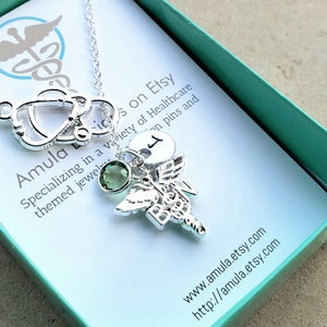 Nurse Gift - BSN Bachelors of Science in Nursing Nurse Gift Handstamped Personalized Crystal Birthstone Initial Lariat Style NecklaceRN gift