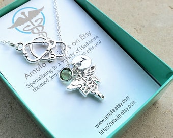 Nurse Gift - BSN Bachelors of Science in Nursing Nurse Gift Handstamped Personalized Crystal Birthstone Initial Lariat Style NecklaceRN gift