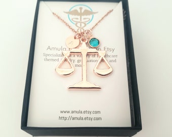 Rose Gold Tone Lawyer Necklace - Scales of Justice Necklace - Custom Attorney Law Necklace - Personalized Necklace for Law Graduate