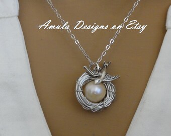 Peach bird nest necklace - necklace for miscarriage - bird nest gift - bird nest jewelry - pastel bird nest necklace - peach pearl bird nest