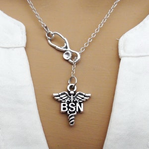 Nurse Gift - BSN Bachelor of Science Nursing RN Student Graduation Gift Caduceus Stethoscope Lariat Necklace - Antique Silver