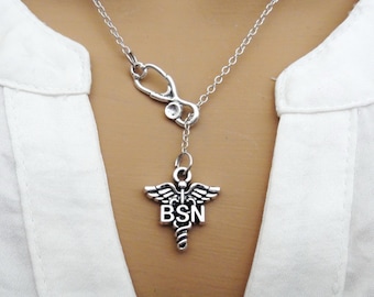 Nurse Gift - BSN Bachelor of Science Nursing RN Student Graduation Gift Caduceus Stethoscope Lariat Necklace - Antique Silver