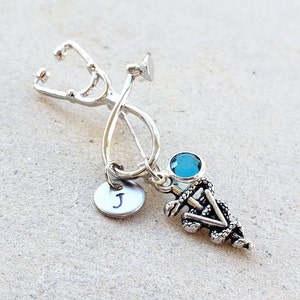 Vet Veterinarian Medical Stethoscope Handstamped Personalized Initial Letter Birthstone Graduation Gift Brooch Pin