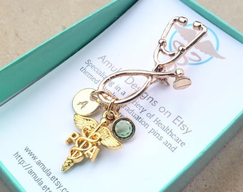 PA Physician Assistant Medical Caduceus Personalized Initial Letter Birthstone Graduation Gift Stethoscope Brooch Gold Tone PA Pin