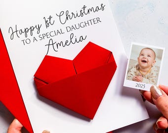 Personalised Baby Girl's 1st Christmas, Origami Heart Card - Keepsake Gift for Daughter's First Christmas