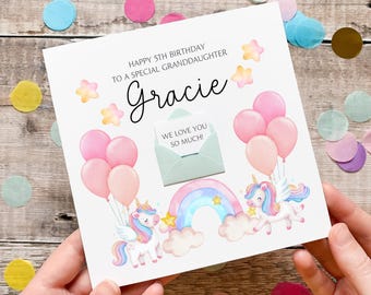 Granddaughter Birthday Card, Personalised Unicorn Birthday Card, For Little Girl, Cute Pink Card for Her, Birthday Gift, Any Age