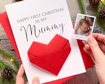 First Christmas As Mummy Christmas Card, Personalised Origami Heart Keepsake Gift