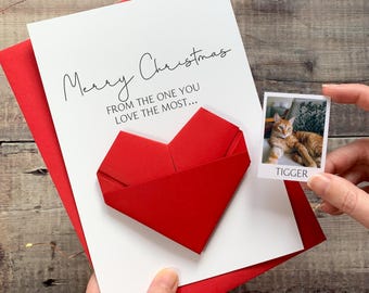 Personalised Happy Christmas Cat Card, Origami Heart From the Cat - Keepsake Gift for Pet Parent