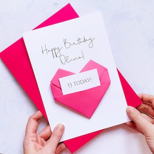Carte de 13e anniversaire, coeur en origami, cadeau souvenir fait main personnalisé, pour son anniversaire, à petite-fille, soeur, fille, fille, femme