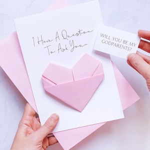 Carte de proposition Soyez mes parrains et marraines personnalisée, coeur en origami, cadeau souvenir fait main pour marraine, parrain, parent guide, question spéciale