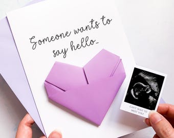Personalised Pregnancy Reveal Card: Sonogram Ultrasound Photo, Origami Heart