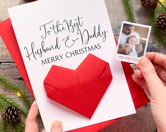 Personalised Christmas Card for Husband & Daddy, Origami Heart Keepsake Gift