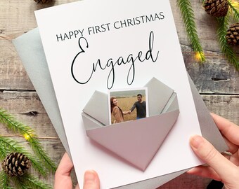 First Christmas Engaged Christmas Card, Personalised Origami Heart Keepsake Gift